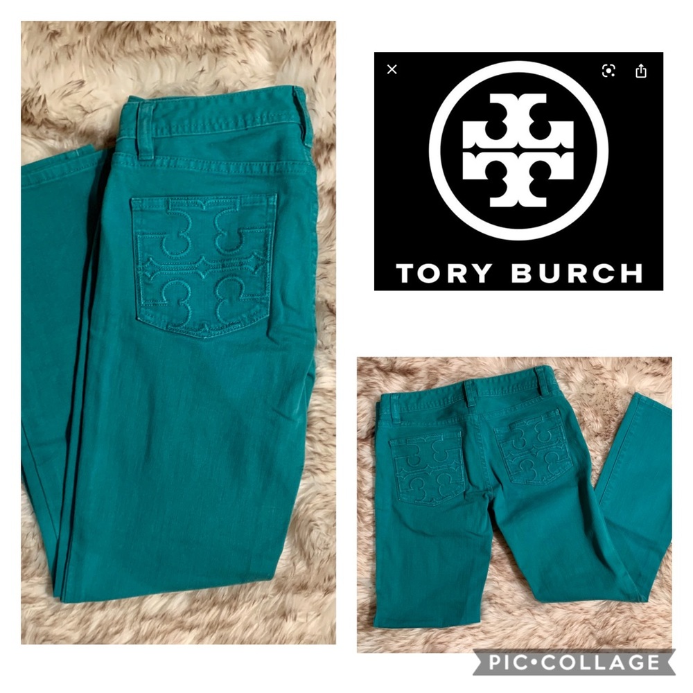 Tory Burch Logo Teal Cropped Slim Boot Jeans 25